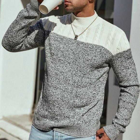 Casual Black & White Cable Knit Men's Pullover Sweater - Picture 2 of 7